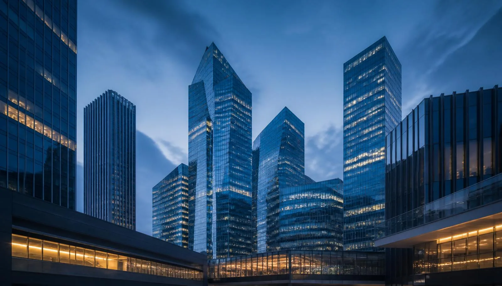 Arquitetura corporativa internacional contemporânea ao anoitecer